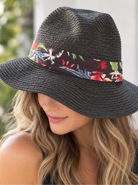 Caribbean Joe Black Straw Fedora with Tropical Print Band